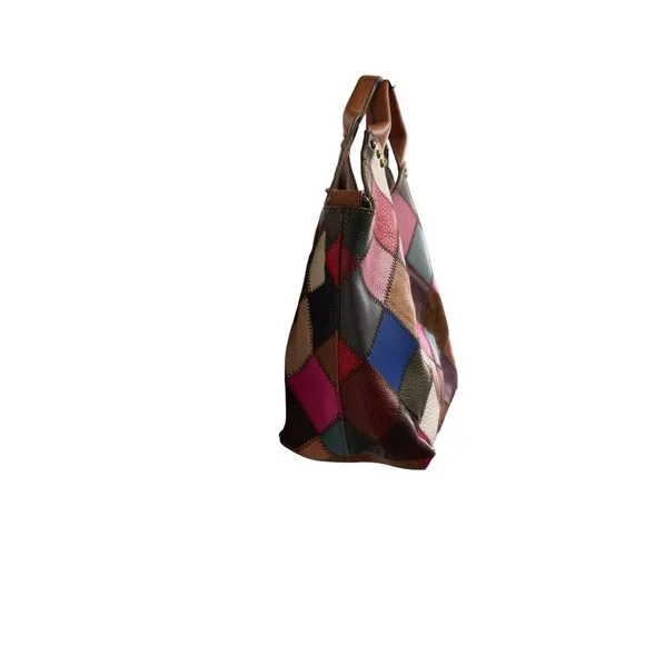 Booba Patchwork Leather Tote Bag Multicolor Squares Brown Handles Dopamine Boho - Picture 2 of 16